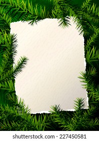 Papel para la lista navideña contra ramas de pino. Plantilla de Navidad con ramitas de árbol de Navidad. Diseño cualitativo vectorial para el nuevo año, Navidad, vacaciones de invierno, vísperas de Año Nuevo, Silvester, etc