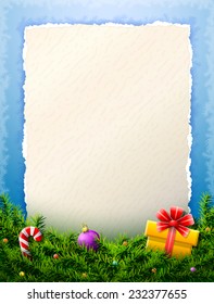 Paper for christmas list is behind pine branches. Christmas template with blank paper and christmas decoration. Vector illustration for new year's day, christmas, winter holiday, silvester, etc