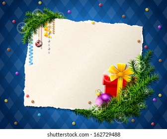 Paper for christmas list with gift and bauble. Decorations, pine branches and blank paper on checkered background. Vector image for new year's day, christmas, winter holiday, new year's eve, silvester