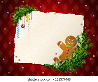 Paper for christmas list with gingerbread man. Cookie, pine branches and blank paper on checkered background. Vector image for new year's day, christmas, winter holiday, new year's eve, silvester, etc