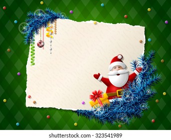 Paper for christmas list with Santa Claus and gift. Decorations, pine twigs and blank paper on checkered background. Vector image