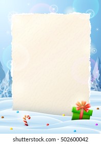 Paper for christmas list sticking out of snow. Christmas template with blank paper and gift. Vector illustration