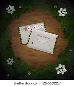 paper Christmas  mail envelopes on the wooden background with christmas tree and snowflakes, vector