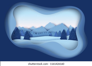 Paper Christmas Postcard With Winter Landscape. Pine Trees, Mountains, Hills And Snowflakes. Modern Layered Paper Art Style Background. Vector Illustration