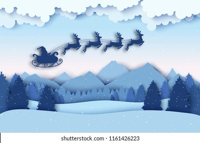 Paper Christmas postcard with winter landscape with pine trees,  mountains and snowflakes. Santa flying in the sky with deers. Modern layered paper art style background. Vector illustration