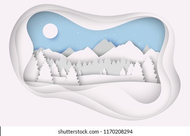 Paper Christmas Postcard With Winter Landscape With Pine Trees,  Mountains And Snowflakes. Modern Layered Paper Art Style Background. Vector Illustration