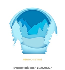 Paper Christmas Postcard With Winter Landscape. Pine Trees, Mountains, Hills. Modern Layered Paper Art Style