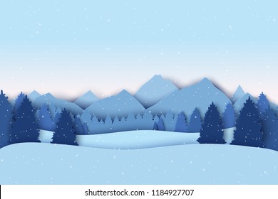 Paper Christmas Postcard With Winter Landscape. Pine Trees, Mountains, Hills And Snowflakes. Modern Layered Paper Art Style Background. Vector Illustration