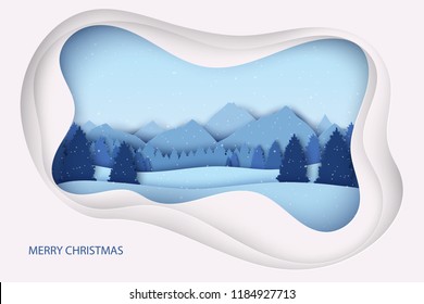 Paper Christmas Postcard With Winter Landscape. Pine Trees, Mountains, Hills And Snowflakes. Modern Layered Paper Art Style Background. Vector Illustration