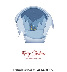Paper Christmas postcard winter landscape. Pine trees, mountains, hills and small house in the forest