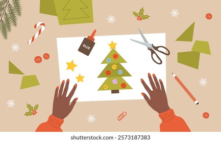 Paper Christmas tree. African Girl create Holiday craft card. Top view on workplace. DIY New year handmade decorations. Vector illustration in flat cartoon style.