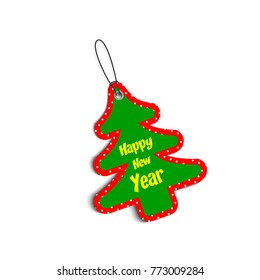 Paper Christmas tree green and red color with rope and shadow on blank background