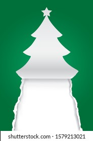 Paper christmas tree, greeting card green background. 
Illustration of paper spruce torn paper silhouette. Place for your text or image.