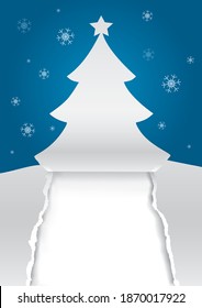 
Paper christmas tree, greeting card background. 
Illustration of paper spruce torn paper silhouette with snowflakes. Place for your text or image. Vector available.