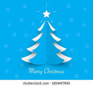 Árbol de Navidad de papel aislado en fondo azul. Elementos de diseño para tarjetas de vacaciones. Ilustración del vector