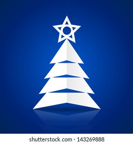 Paper Christmas tree on the blue background. Vector Illustration