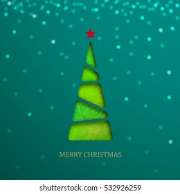 Paper Christmas tree on green background with sparkle, shine and shadow. Creative vector card.