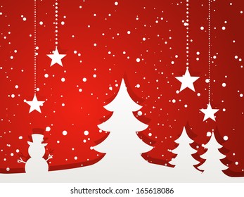 Paper Christmas Tree and Winter Scene Background on Red