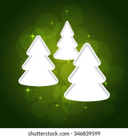 paper christmas trees on green background. vector illustration