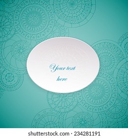 Paper circle banner with drop shadows. Vector illustration. Abstract floral doodle background. Lace circle, snowflake on a white plate with shadow.