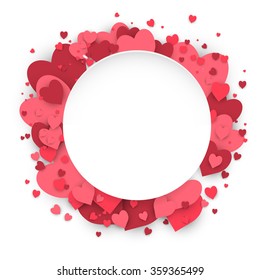 Paper circle banner with hearts valentine background. Stock vector.