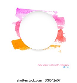 Paper circle banner on the watercolor hand drawn background with stains and splashes. Vector background. Stock vector.