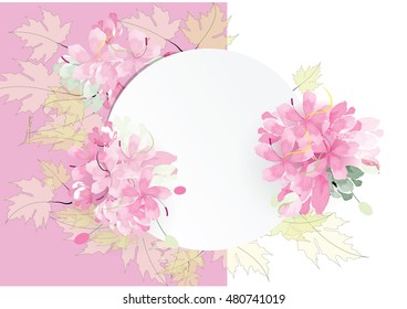 paper circle frame  with frame of pink flowers bouquet with leaves 