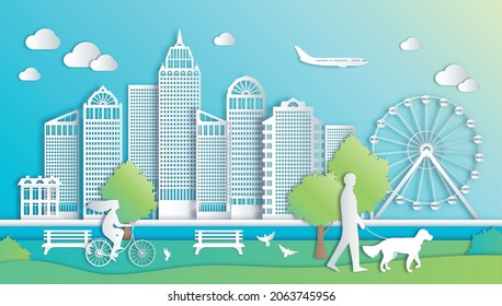 Paper city elements composition with outdoor landscape with paper silhouettes of tall buildings people and clouds vector illustration