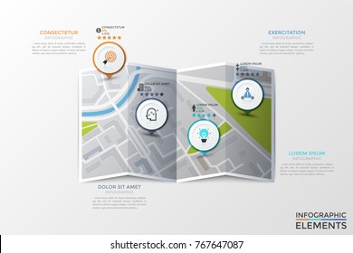 Paper city map, 4 location marks with thin line pictograms inside, five star rating and text boxes. Concept of urban travel guide, traveler's reviews. Modern vector illustration for banner, website.