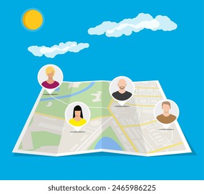 Paper city map with people avatars. Social netwroking. Male and female faces avatars. Discussion group, people talking. Communication, chat, assistance. Vector illustration in flat style