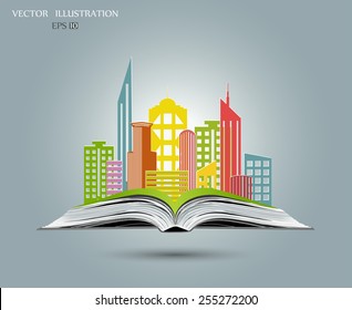 Paper city on the open book. Vector illustration