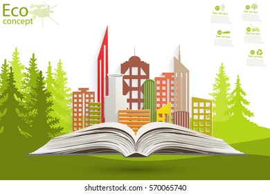 Paper city on the open book. Environmentally friendly world. Summer landscape. Vector illustration. The icon and sign. Ecological concepts. 