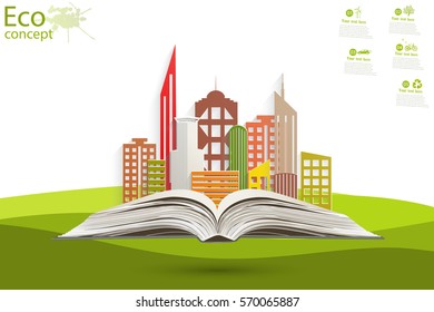 Paper city on the open book. Environmentally friendly world. Summer landscape. Vector illustration. The icon and sign. Ecological concepts. 