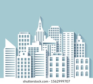 Paper city skyline. 3d Urban origami cityscape with white papercut modern houses and skyscrapers. Abstract megapolis vector panorama scene