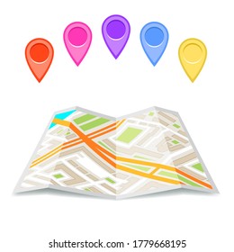 Paper city street map icon folded urban place fold flat design vector illustration