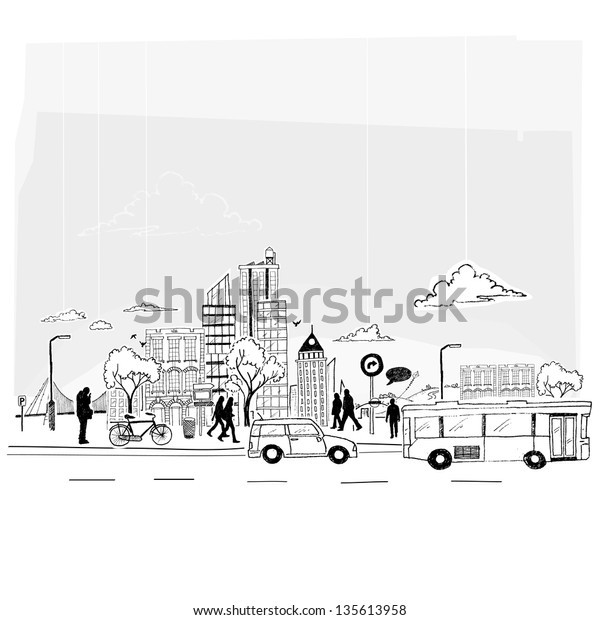 Paper City Vector. City lifestyle, cut out paper
and pen style.
