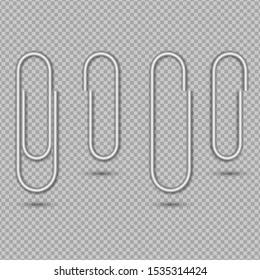 Paper clip for attach note, office memo, post. Metal paperclip isolated on transparent background. Set of silver holder binder clip with shadow. Paper clips attached to list paper. vector illustration