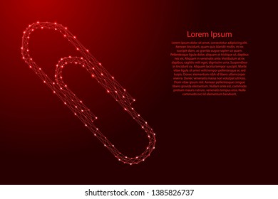 Paper clip attach paper tool office paperclip from futuristic polygonal red lines and glowing stars for banner, poster, greeting card. Vector illustration.