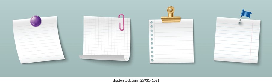 Paper clip and binder set with blank note sheets. Memo types attached by thumbtack, fastener, clasp and flag pin. Empty lined and grid pages. Realistic stationery mockup for task management design.