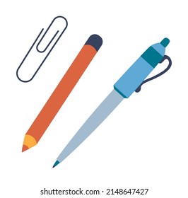 paper clip for binding documents, isolated pen and pencil. Isolated school or office supplies and instruments. Stationery for school or workplace, classroom accessories. Vector in flat style