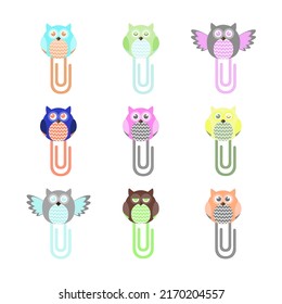 paper clip with birds, owls, set. Stationery with cartoon birds. Vector illustration