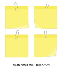Paper clip with blank yellow notepaper. Yellow sheet for your message or adding more text. Template for memo. Notebook space. Memo paper with paperclip for office paperwork. Vector EPS 10.