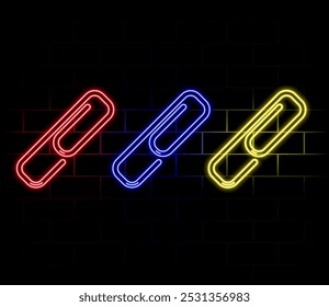 Paper clip with bright glowing futuristic blue neon lights on black background. 3D icon, sign and symbol. Cartoon minimal style. 3D render illustration.