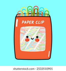 Paper clip character. Vector hand drawn cartoon kawaii character illustration icon. Isolated on blue background. Paper clip character concept