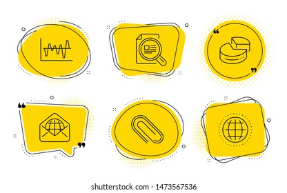 Paper clip, Check article and Globe signs. Chat bubbles. Web mail, Pie chart and Stock analysis line icons set. World communication, 3d graph, Business trade. Attach paperclip. Education set. Vector