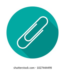 Paper clip circle icon with long shadow. Flat design style. Paper clip simple silhouette. Modern, minimalist, round icon in stylish colors. Web site page and mobile app design vector element.