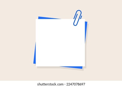 Paper clip. Colorful sticky note and pin. Colored paperclip with blank notepaper. Isolated on background. Template for memo. Vector Illustration