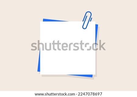 Paper clip. Colorful sticky note and pin. Colored paperclip with blank notepaper. Isolated on background. Template for memo. Vector Illustration