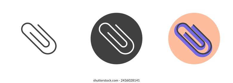 Paper clip different style icon set. Line, glyph and filled outline colorful version, outline and filled vector sign. Attach symbol, logo illustration. Vector graphics