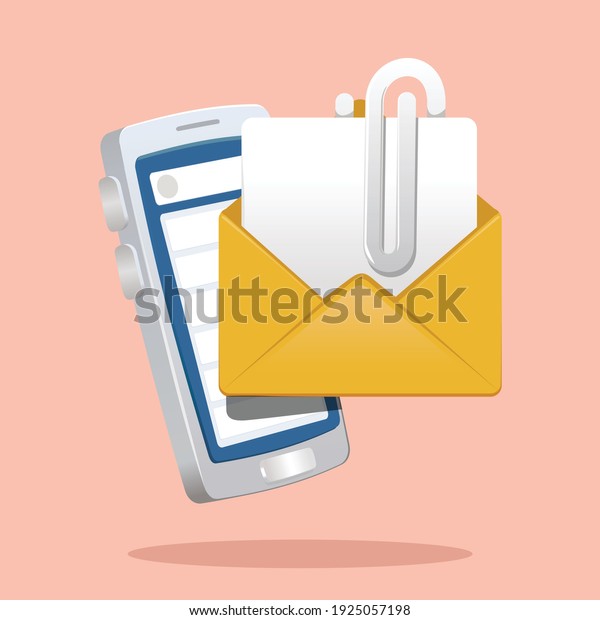 paper clip and envelopes in front of\
smartphone. email attachment concept vector\
illustration